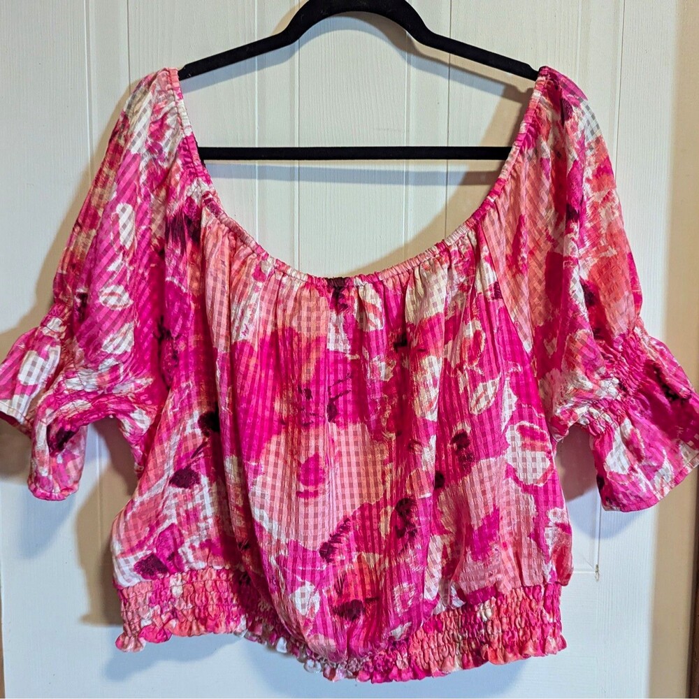 Lane Bryant Pink Wht Floral Off Shoulder Smocked Chiffon Blouse 3/4 Sleeve Crop